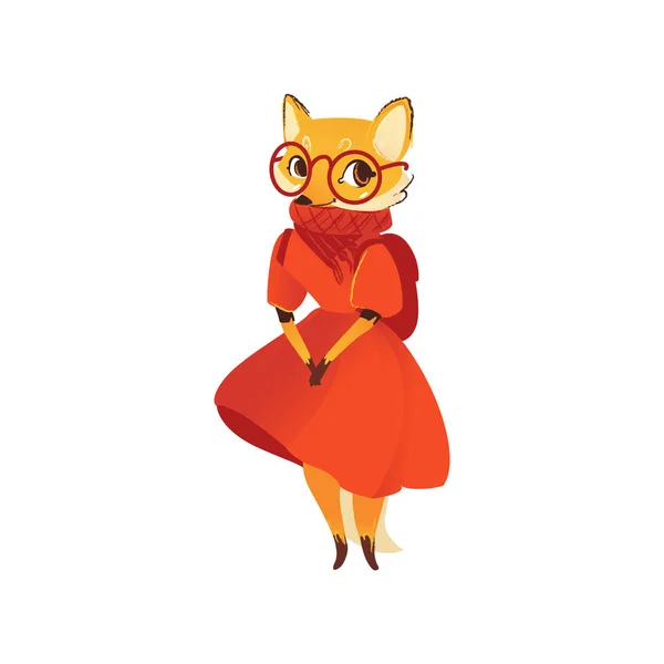 Fox school girl in dress and glasses standing with backpack cartoon style