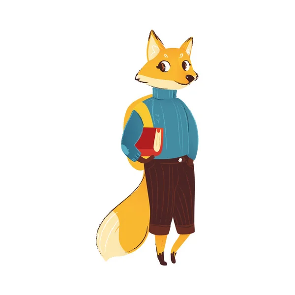 Fox school boy in clothes stands with backpack holding book cartoon style — Stock Vector