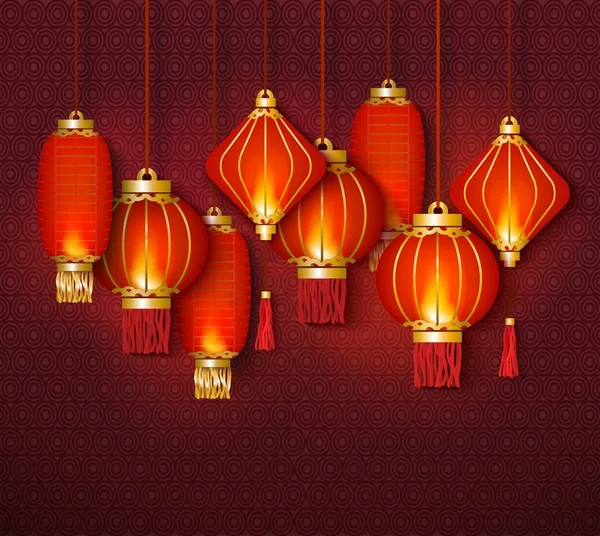 Red chinese traditional lanterns glowing in the night flat vector illustration on decorative background. — Stock Vector