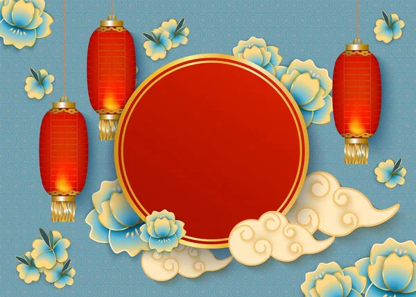 Шаблон с кругом и китайскими фонарями, облаками и цветами в реалистичном стиле — стоковый вектор