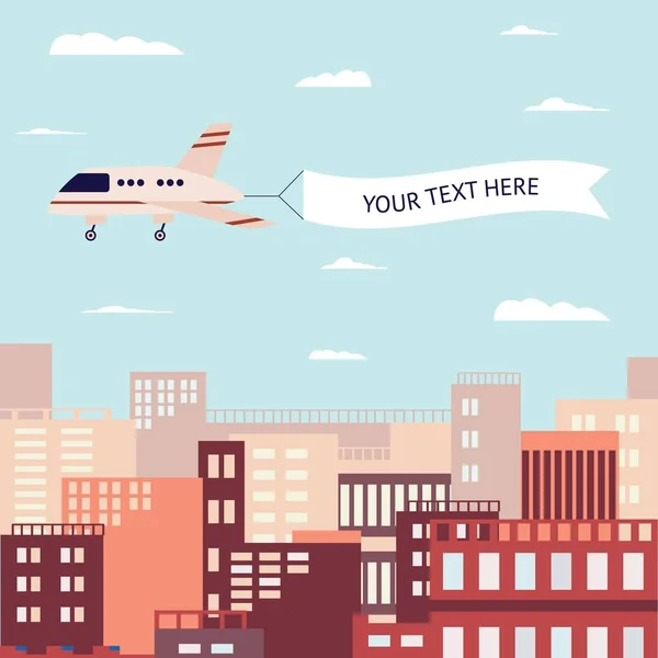 Bannière volante tirée par avion volant au-dessus d'une illustration vectorielle plate de ville moderne . — Image vectorielle