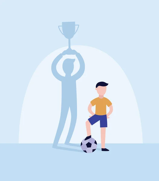 Child a soccer player drops winner shadow with trophy cup flat vector illustration. — Stock Vector