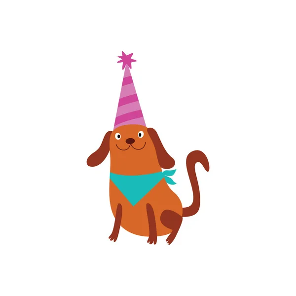 Filhote de cachorro gordo no chapéu de festa de aniversário desenho animado ilustração vetorial plana isolado . —  Vetores de Stock