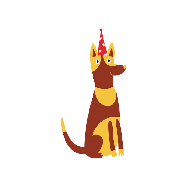 Cane divertente o cucciolo con macchie e cappello di compleanno piatto illustrazione vettoriale isolato . — Vettoriale Stock