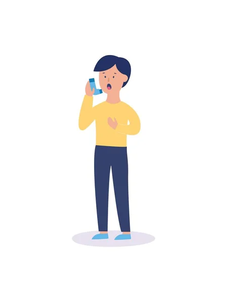 El hombre está de pie sosteniendo la mano en el pecho y usando el inhalador de asma estilo de dibujos animados planos — Vector de stock