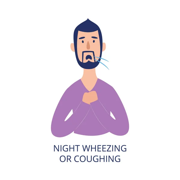 男子抱着胸口咳嗽和喘息在夜间平卡通风格 — 图库矢量图片