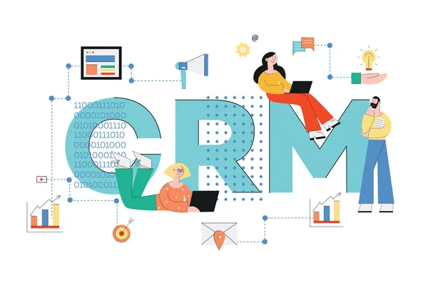 CRM Concept Business Vector illustration med människor och ikoner för analys och service. — Stock vektor