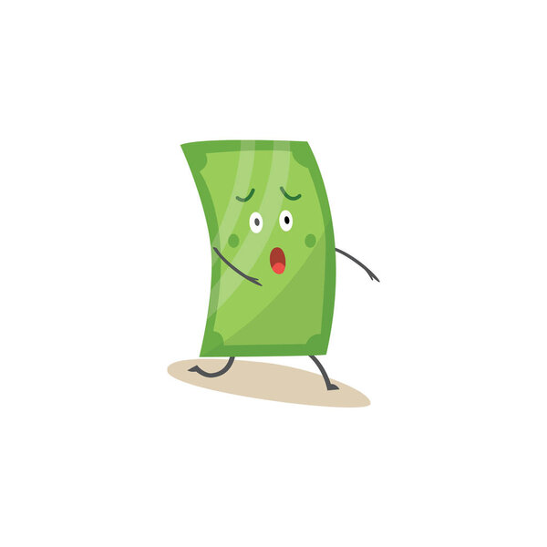 Shocked green dollar character standing on one knee cartoon style