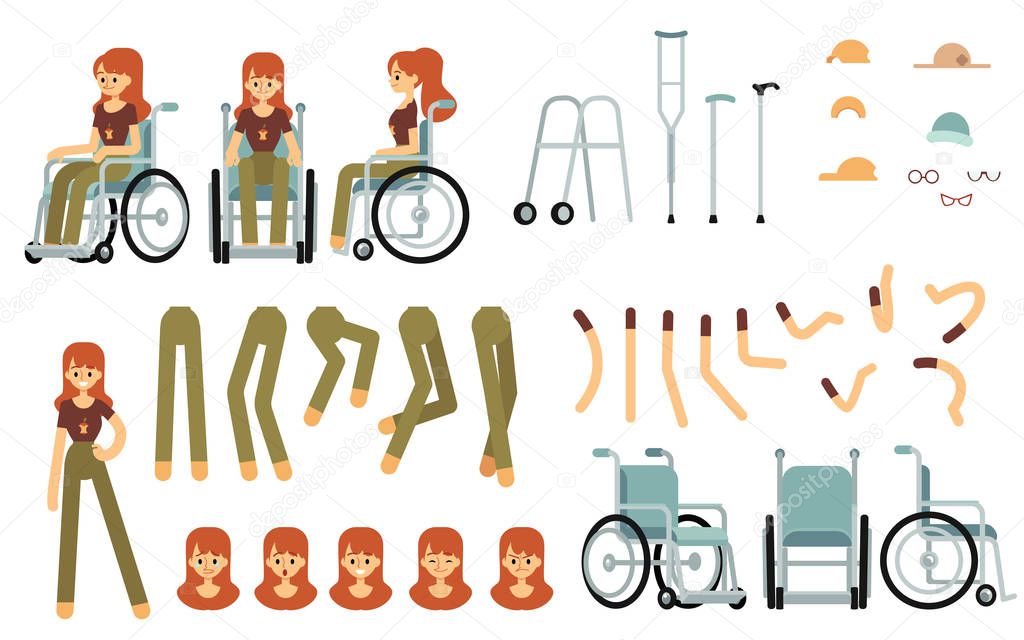 Constructor set for disabled woman creation cartoon style