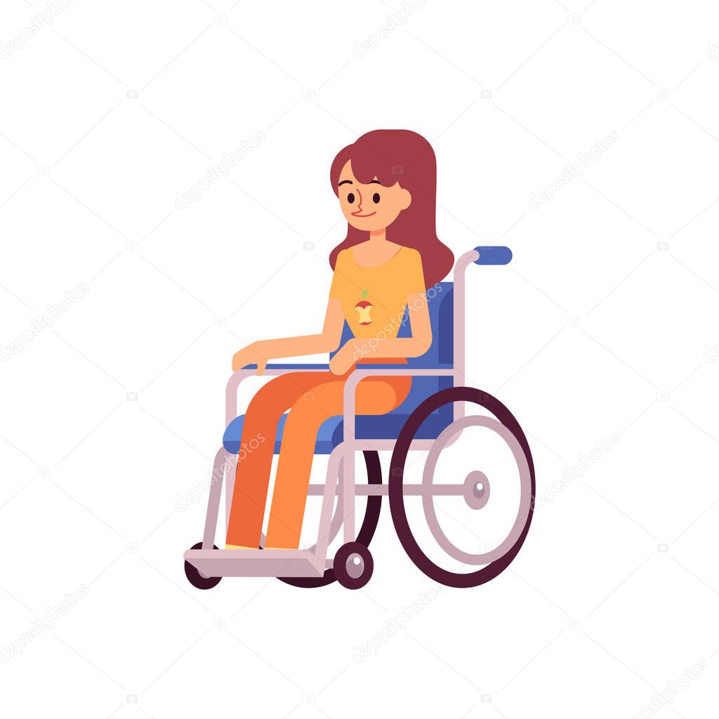Happy disabled girl sitting in wheelchair, young female cartoon character person with disability or injury but in good health
