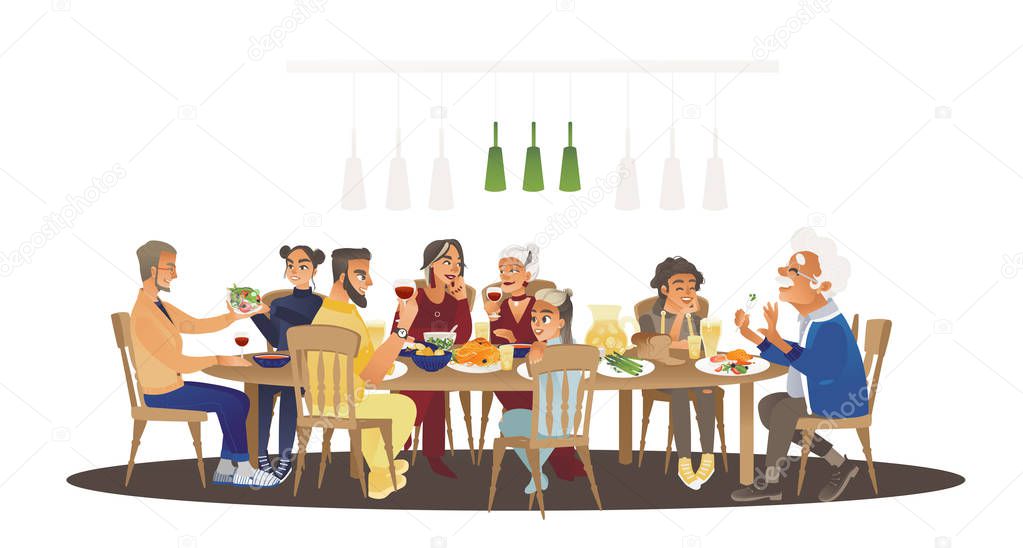 Big family dinner around table with food, many people eating a meal and talking together