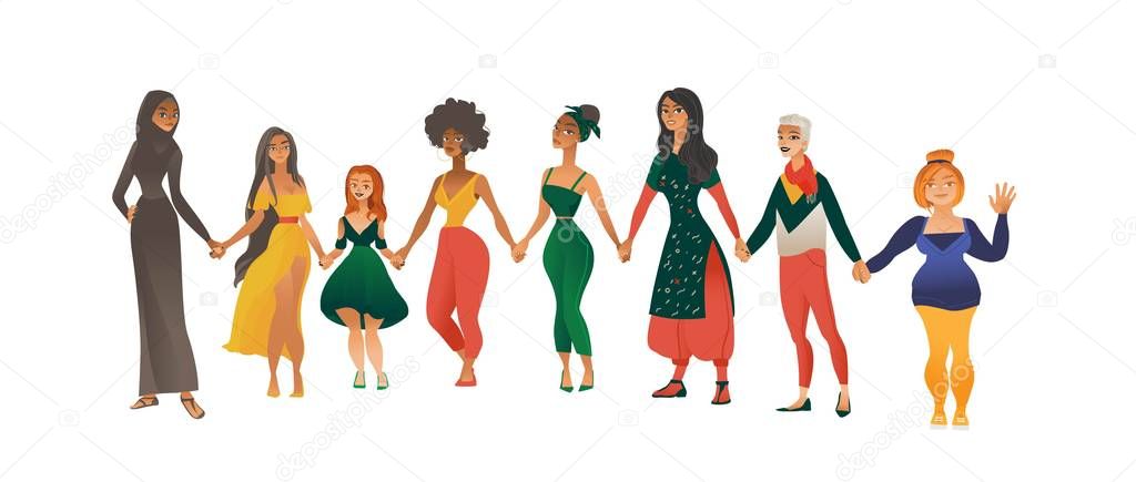 Women or girls of different races and body shapes flat vector illustration isolated.