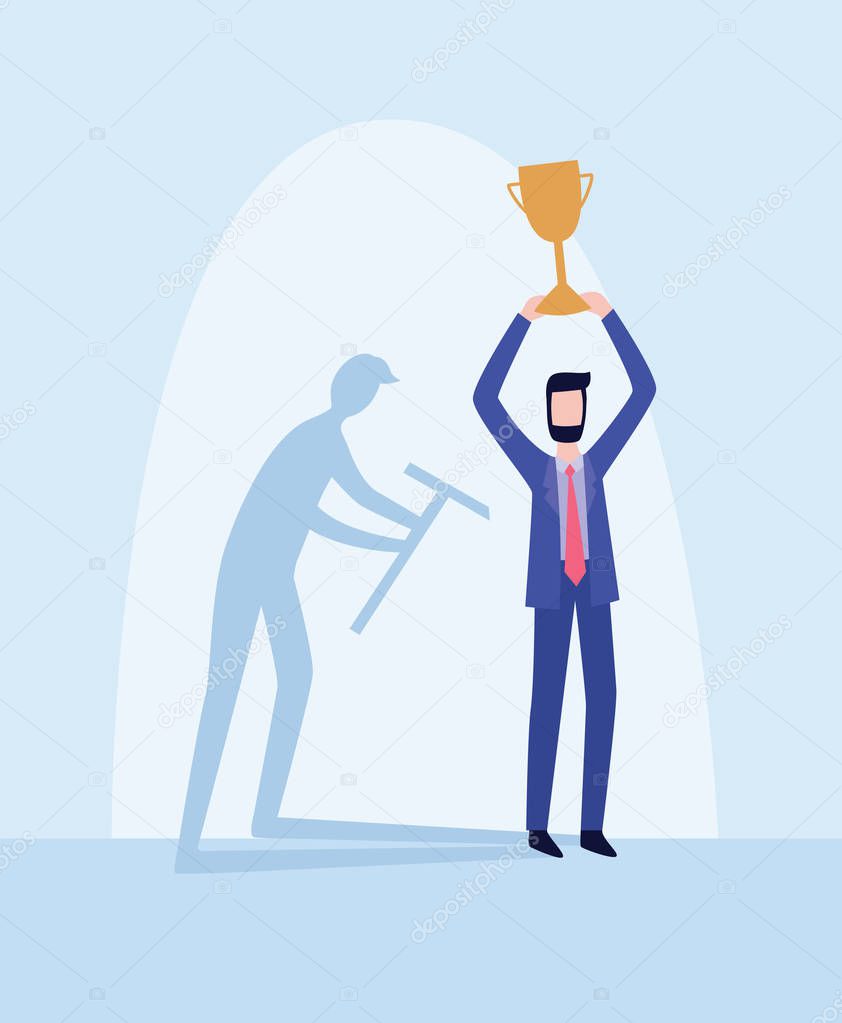Businessman with working man shadow holding trophy cup flat vector illustration.