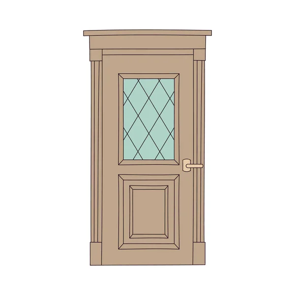 Brown door with wooden frame and glass window, classic architecture element with wood decorations — Stock Vector