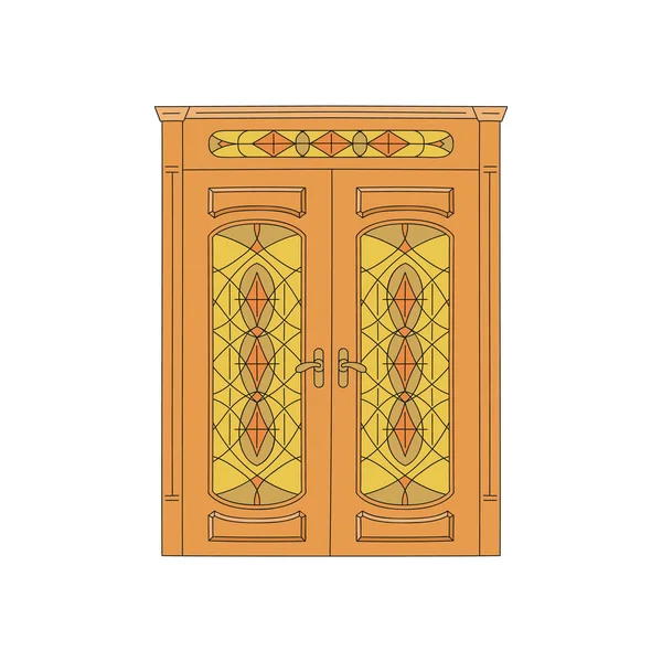 彫刻とガラススケッチベクトルイラストが隔離された木製の家のドア. — ストックベクタ