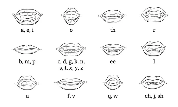 Animación bucal. Los labios de dibujos animados hablan expresión, articulación y sonrisa. Hablando boca hablando vector aislado conjunto — Vector de stock