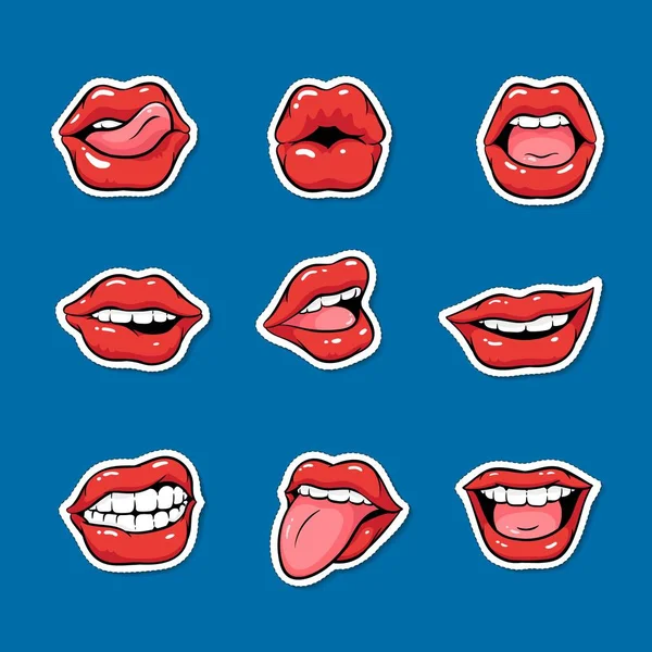 Set of female mouths with red lipstick cartoon pop art style — Stock Vector