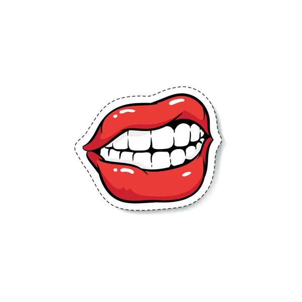 Ajar sorridente bocca femminile con trucco rosso cartone animato stile pop art — Vettoriale Stock