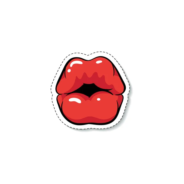 Parlak kırmızı makyaj karikatür pop art tarzı ile Kadın öpüşme ağız — Stok Vektör