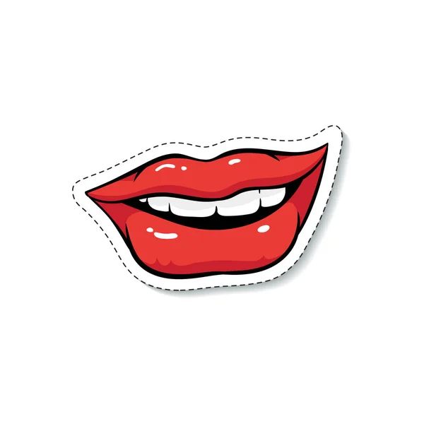 Smiling female mouth with glossy red makeup cartoon pop art style — Stock Vector