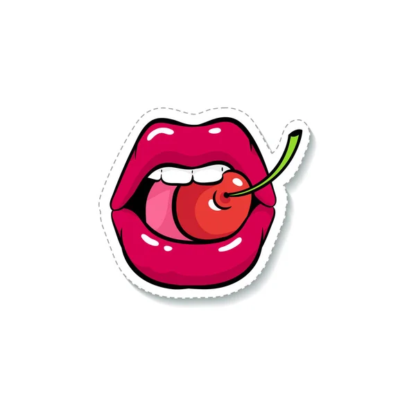 Sexy mulheres boca ou lábios grampos uma cereja vetor ilustração isolado . —  Vetores de Stock