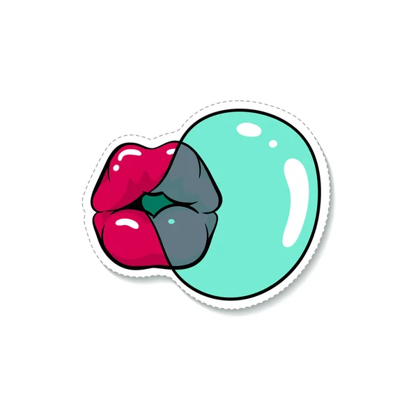 Sticker of female sexy glossy lips in red lipstick and mouth blowing bubble gum. — Stock Vector