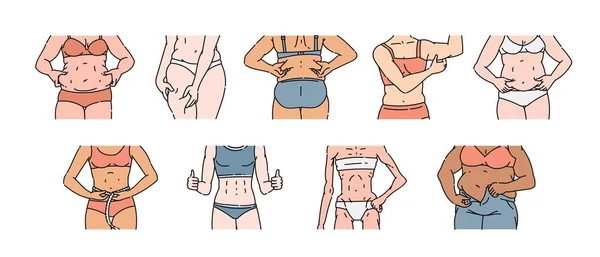 Corpo feminino com peso e forma diferentes, beliscando gordura da barriga ou rolos de perna, medindo a cintura —  Vetores de Stock