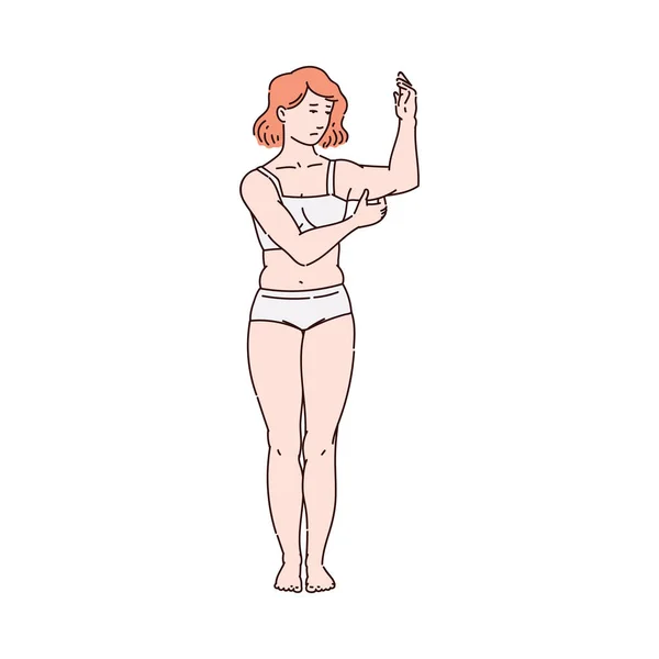 Mujer o niña con sobrepeso pellizcando brazo grasa flácida dibujo de la piel ilustración aislado . — Archivo Imágenes Vectoriales