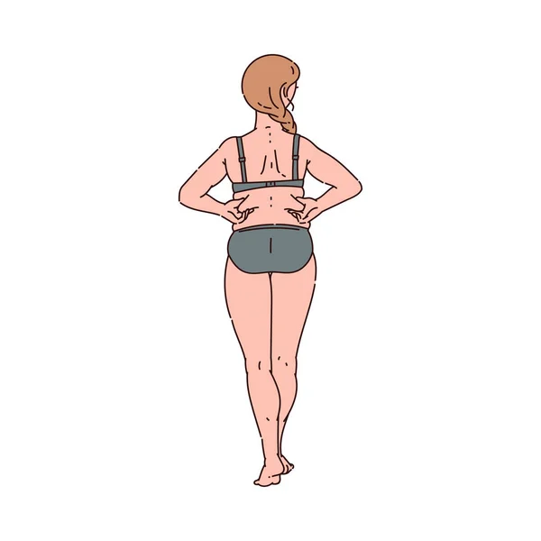 Γυναίκα με υπερβολικό βάρος που συμπιέζει λίπος στην εικόνα του πίσω φορέα απομονωμένη. — Διανυσματικό Αρχείο