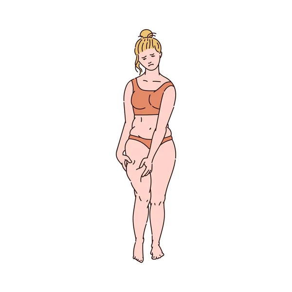 Chica triste de pie en ropa interior de sujeción pliegue de grasa en el estilo de boceto de la cadera — Archivo Imágenes Vectoriales