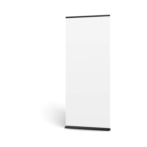 Realistic vertical pop up banner mockup. Long white poster display for board presentation or show promotion, blank template for advertising — Stock Vector