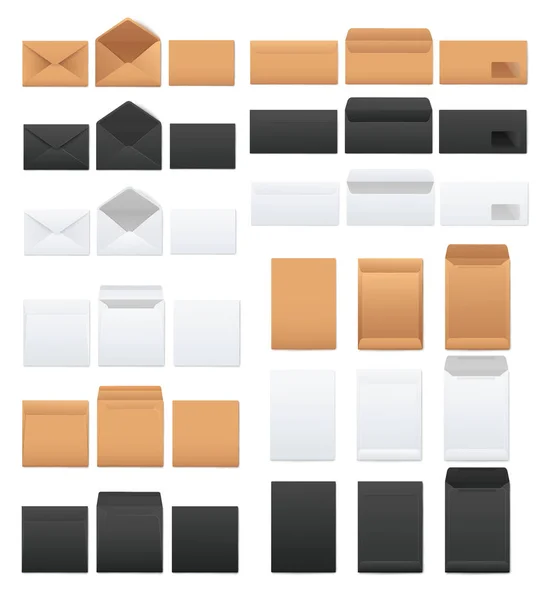 Mockups set of white and black and kraft brown blank envelopes realistic style — Stock Vector