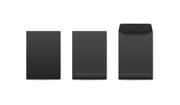 Conjunto de maquetas de blanco vertical abierto y cerrado sobres negros estilo realista — Vector de stock