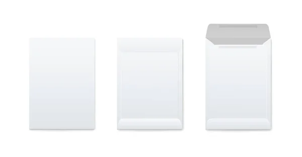 Attrappen Set von vertikalen Blanko offene und geschlossene weiße Umschläge realistischen Stil — Stockvektor