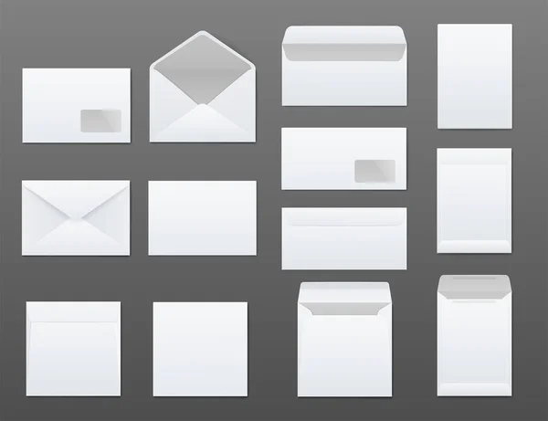 白い空白の封筒のモックアップセット異なるタイプのリアルなスタイル — ストックベクタ