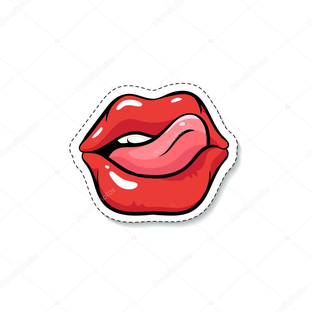 Ajar female mouth with red makeup licking upper lip cartoon pop art style