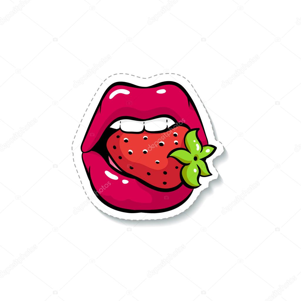 Womans mouth with sexy red lipstick and a strawberry vector illustration isolated.