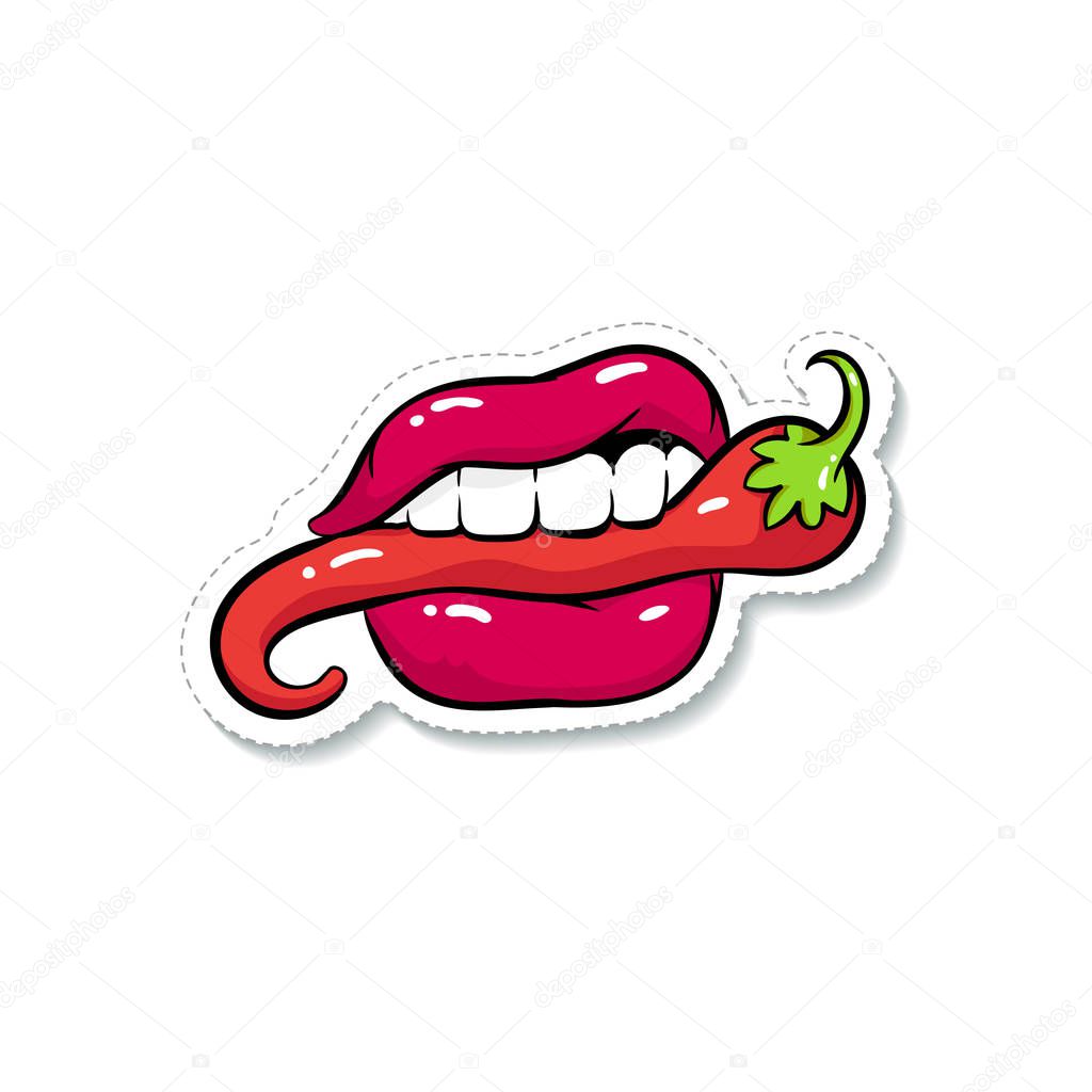 Sexy womans mouth or lips clamps a hot chilli pepper vector illustration isolated.