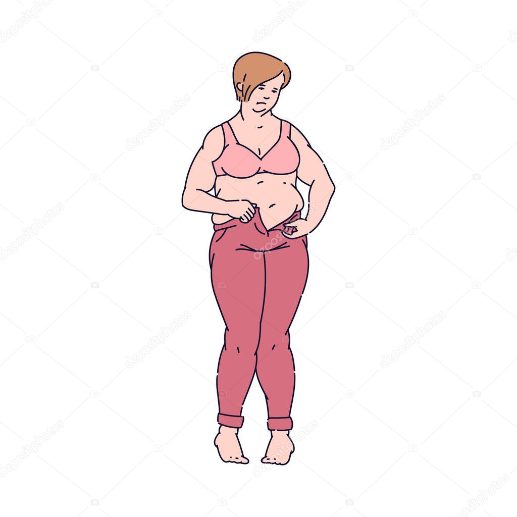 Sad woman with fat belly standing can not fasten pants sketch style