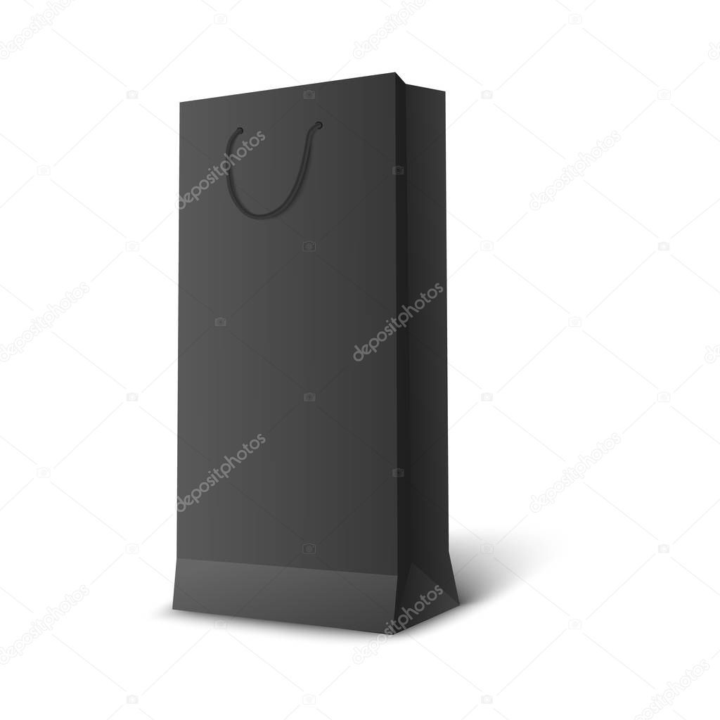 Black paper bag mockup, realistic 3D long and thin retail packet template with rope handle
