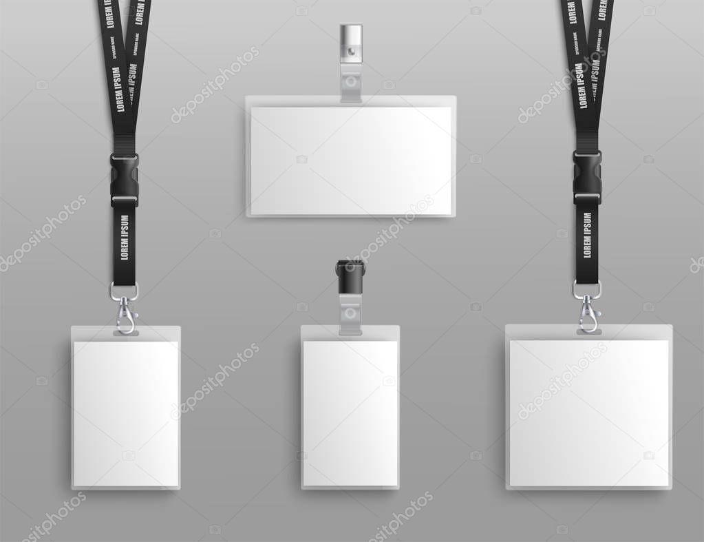 Mockup set of blank badge holders with clips and black lanyard realistic style