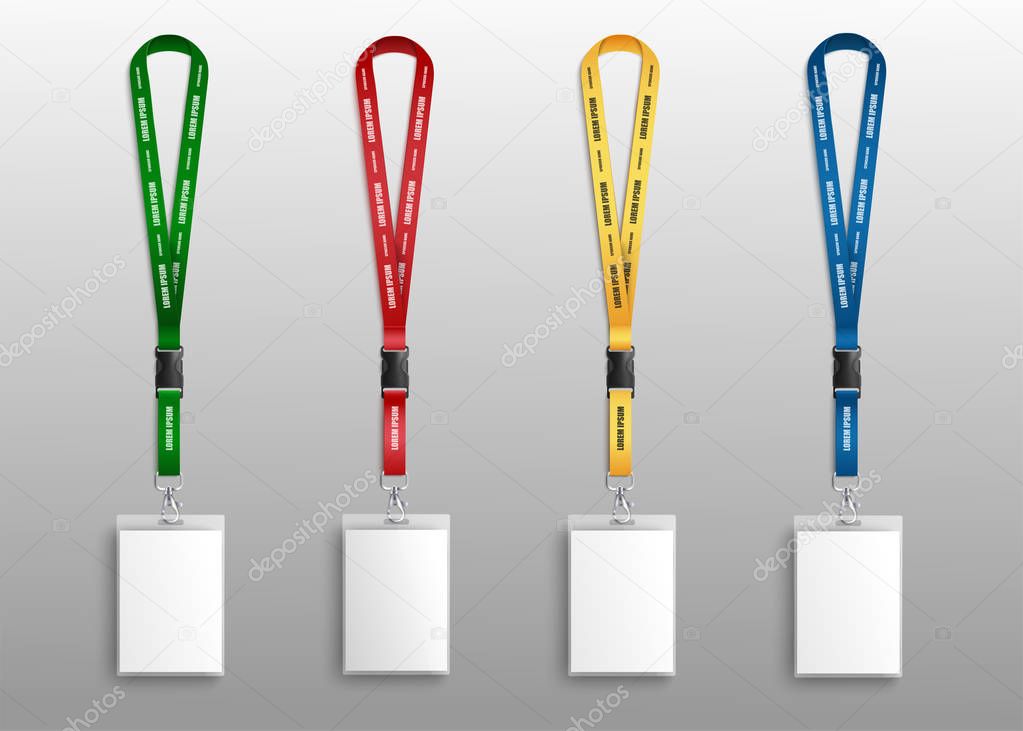 Set of badge or id cards with different color ribbons mockup vector illustration.