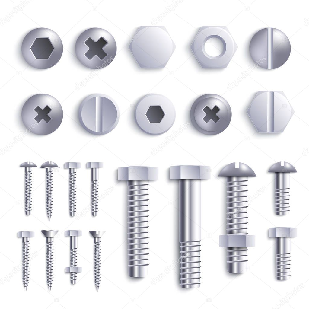 Set of metal bolts and self-tappings and screws and heads realistic style