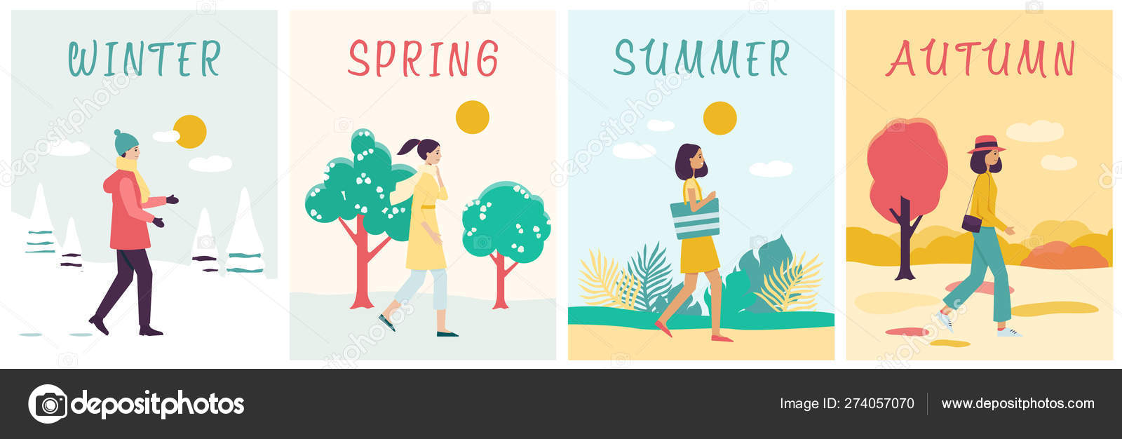 Seasons banners set with walking woman in different clothes flat ...
