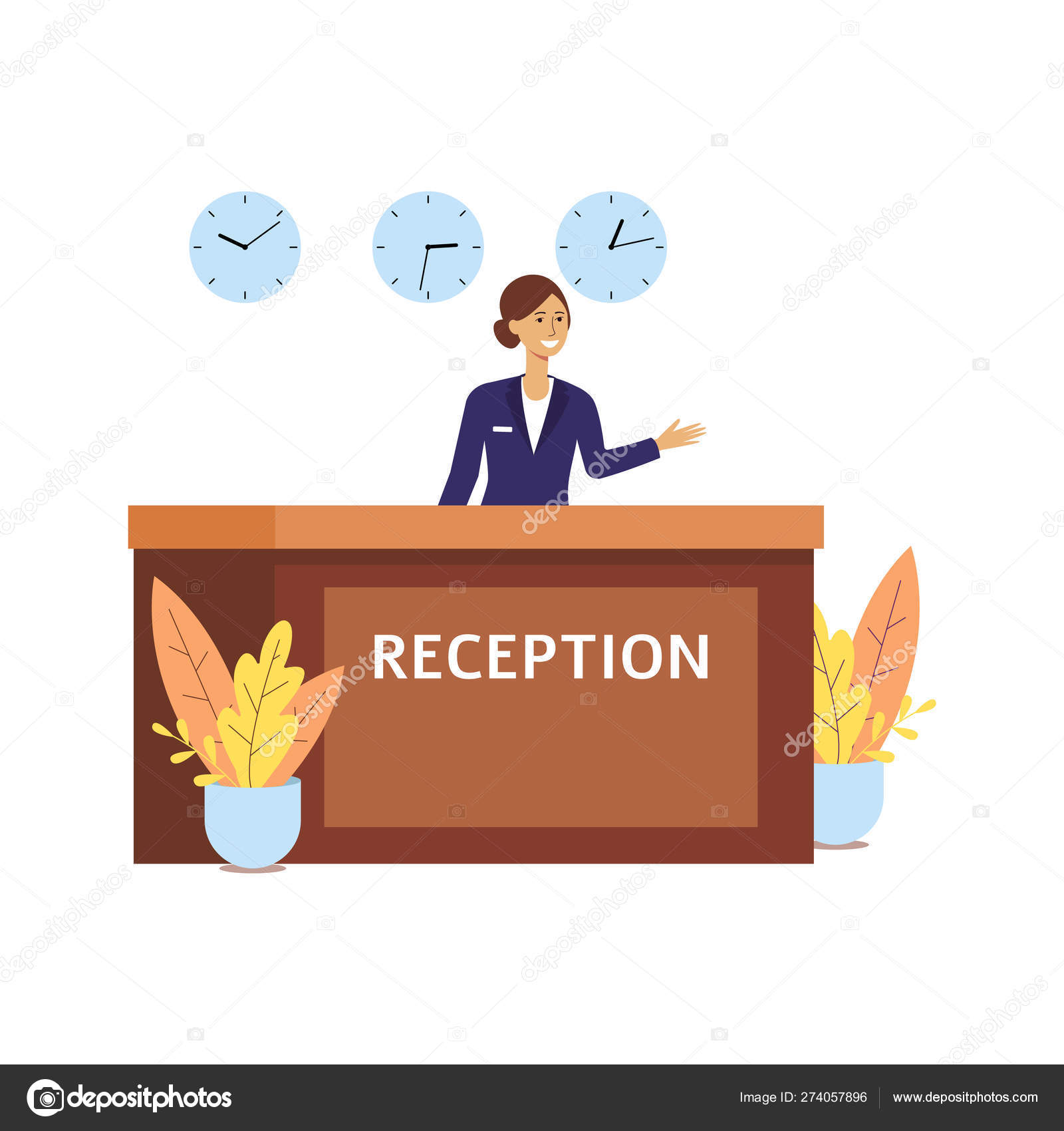 Hotel Receptionist At Front Desk Lobby Room Happy Cartoon Woman