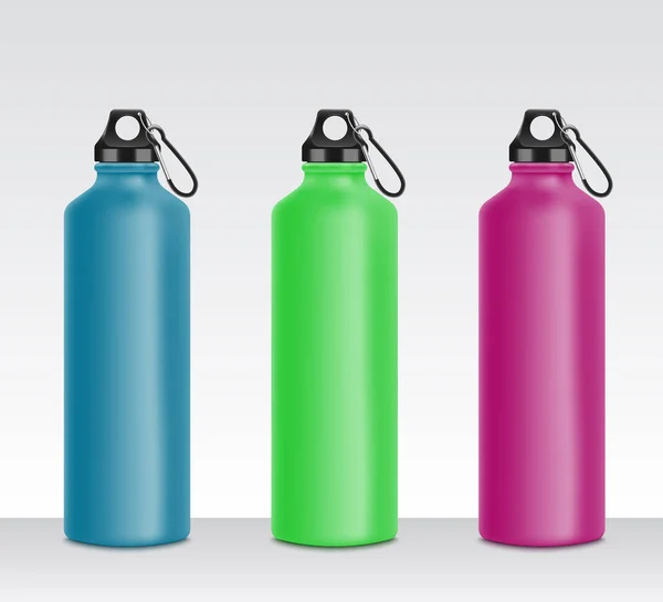 Kleurrijke waterfles set voor sportdrank, realistische 3D mockup collectie van metalen drank containers in blauw, groen, roze kleur — Stockvector