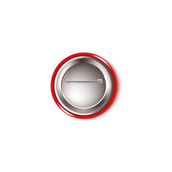 Pino de botão vermelho redondo - visão traseira. Mockup realista da parte de trás de um broche círculo de plástico com agulha de metal e gancho de fio de fixação —  Vetores de Stock