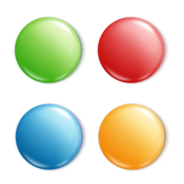 ラウンドボタンピンセット - 緑、赤、青、黄色のテキストスペースを持つカラフルな光沢のある円の形状の空白のモックアップ — ストックベクタ