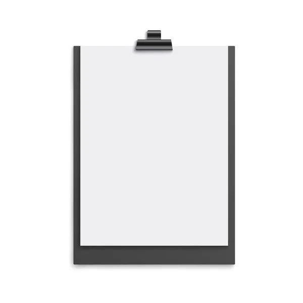 Black clipboard with white blank sheet of paper - realistic mockup — Stock Vector