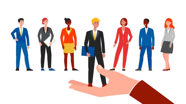 Personalval för uthyrning, tecknade personer i Business Suits på anställningsintervju — Stock vektor